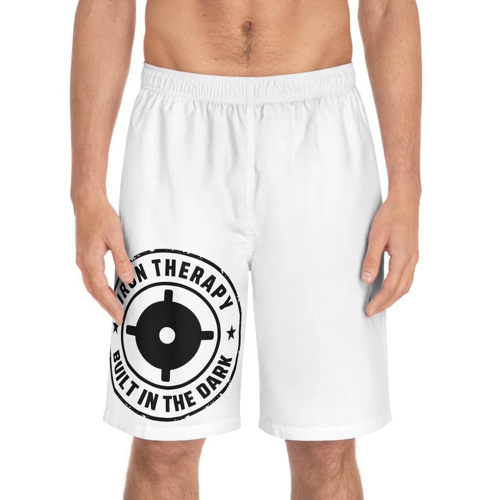 Men's Board Shorts - 'Iron Therapy Built in the Dark' Weightlifting Beach Trunks