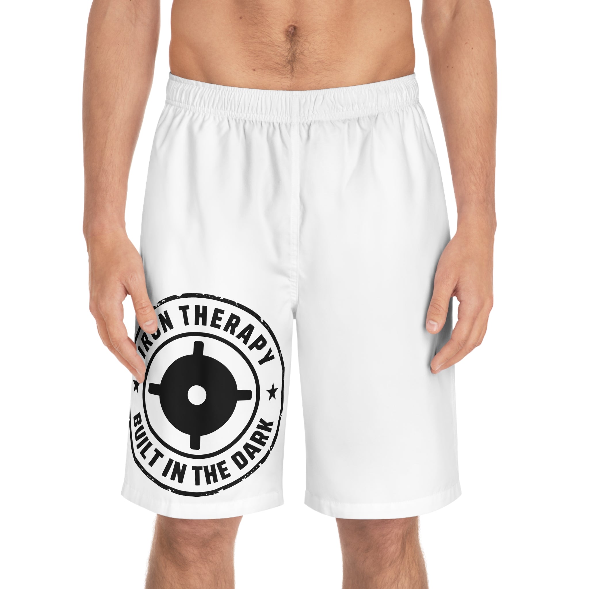 Men's Board Shorts - 'Iron Therapy Built in the Dark' Weightlifting Beach Trunks